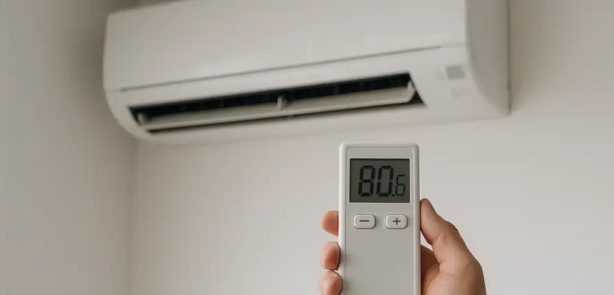 Hand holding a remote control pointed at a wall-mounted mini-split air conditioner