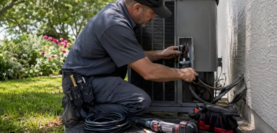 Technician installing HVAC surge protector at condenser