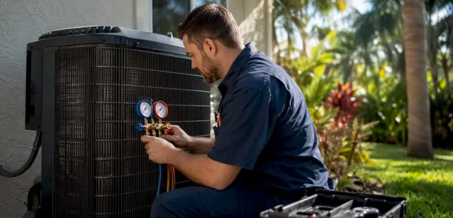 Technician working on residential AC unit outdoors