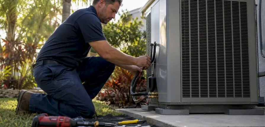 HVAC technician installing outdoor AC unit