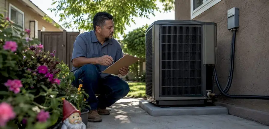 Homeowner inspecting outdoor HVAC unit