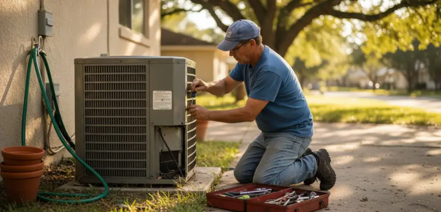 Homeowner performing HVAC maintenance outside