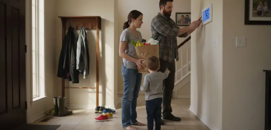 Family adjusting home thermostat in hallway