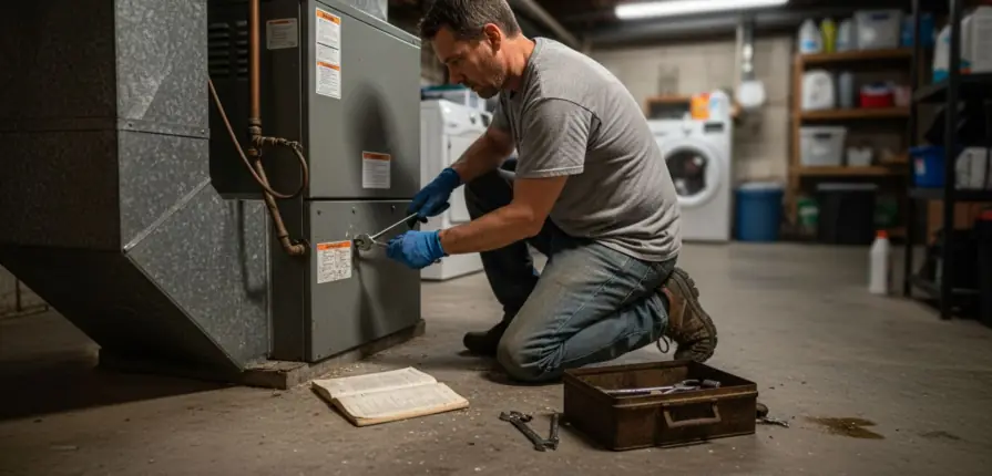Homeowner repairing HVAC unit in basement