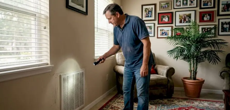 Homeowner inspecting duct vent Florida living room