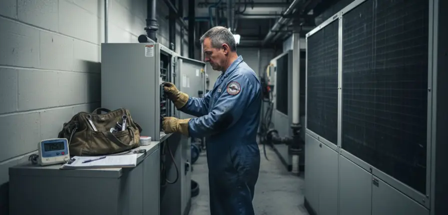 Hotel HVAC technician inspecting air unit