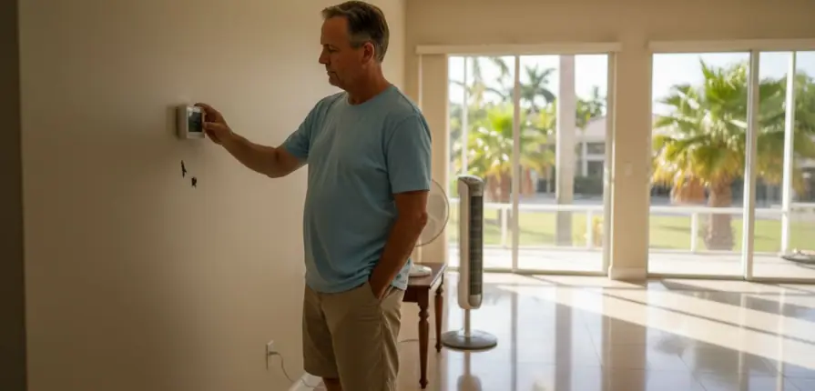 Homeowner adjusting smart thermostat for savings