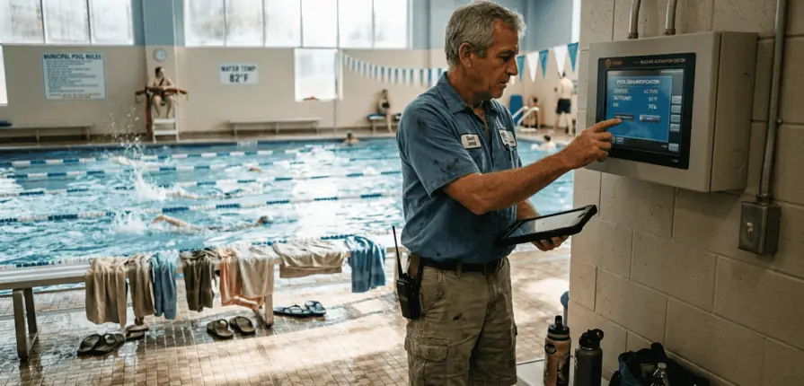 Technician checks HVAC panel by indoor pool