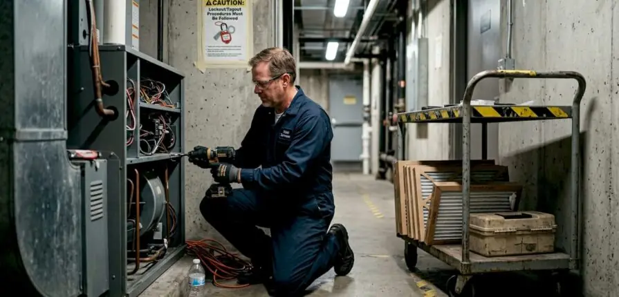 Technician servicing hotel HVAC unit in corridor