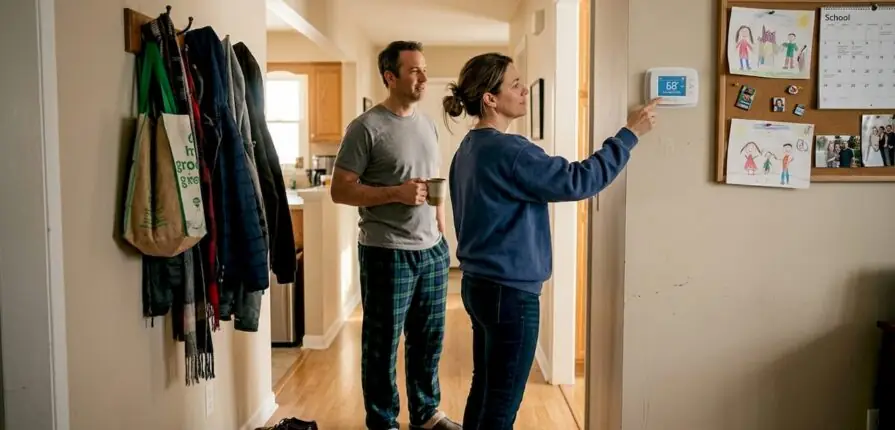 Family adjusting digital wall thermostat in hallway