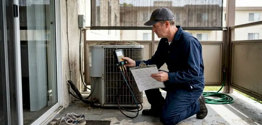 HVAC technician inspecting apartment unit outdoors