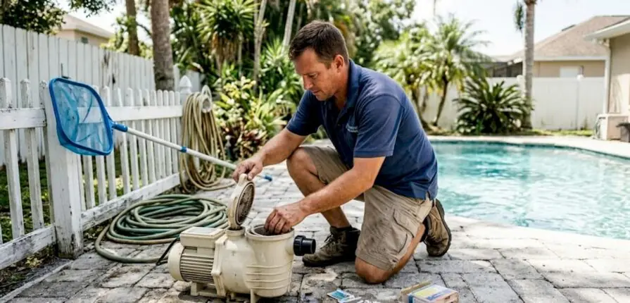 Pool technician inspecting pump basket outdoors