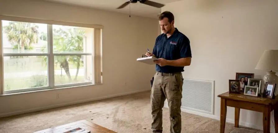 HVAC technician checking home air vent airflow