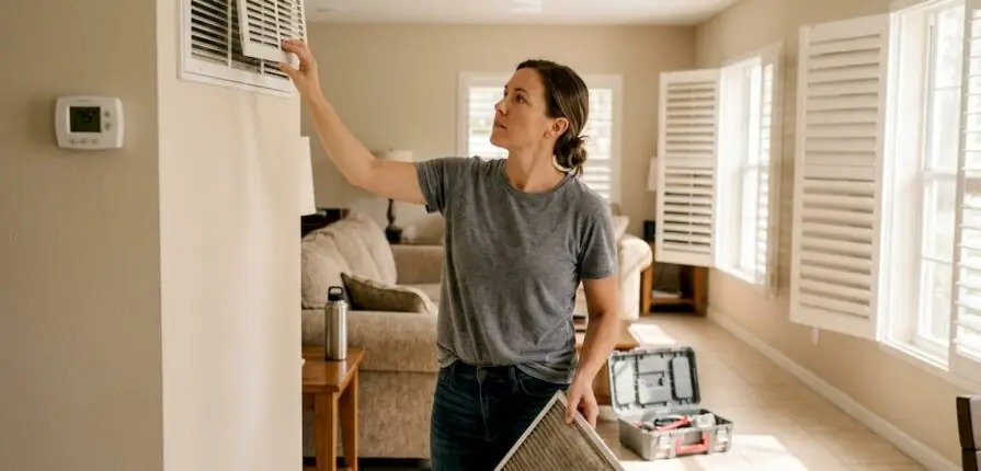 Florida woman changes AC filter in living room