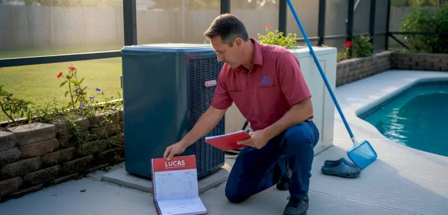 Homeowner checking pool heater by Florida pool