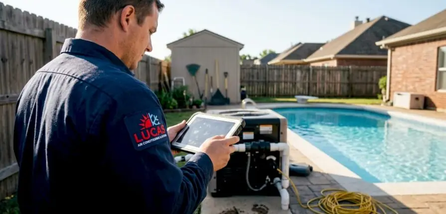 Technician checking pool heater by backyard pool