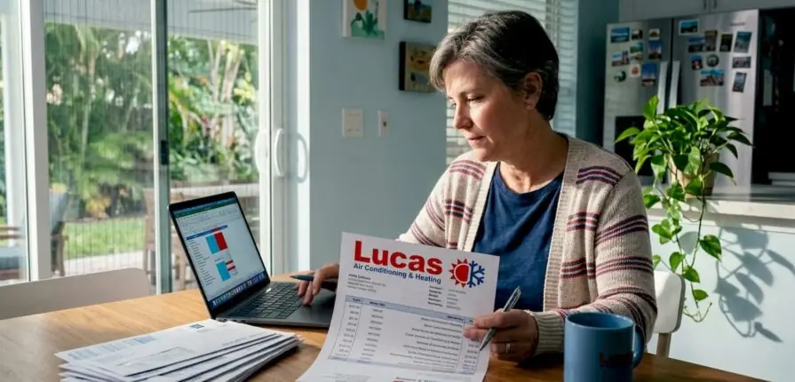 Homeowner reviewing HVAC estimate at kitchen table