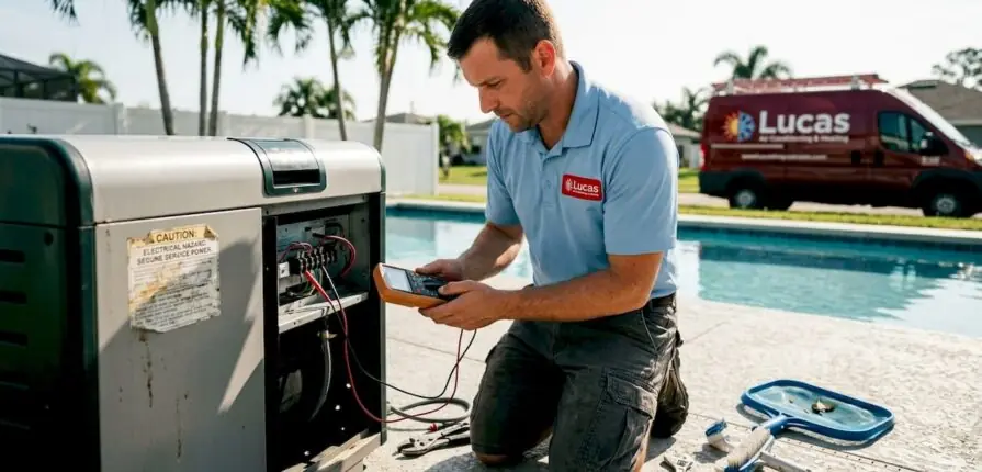 Technician maintaining pool HVAC equipment outdoors