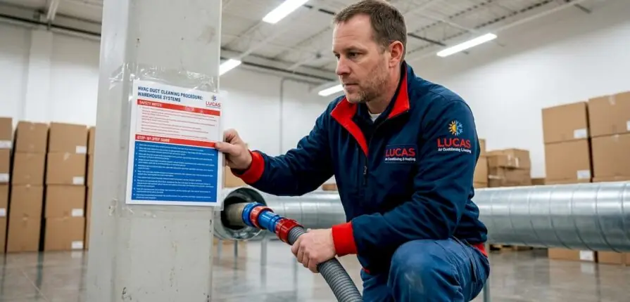Technician cleaning ducts on factory floor