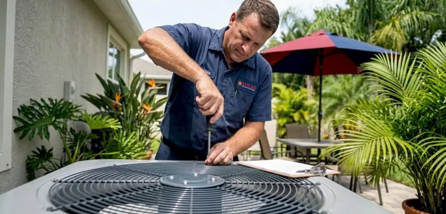 HVAC technician inspecting unit outdoors