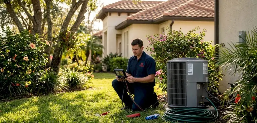 Technician inspecting Central Florida home AC unit