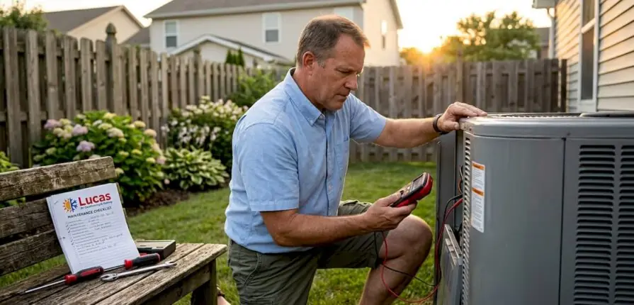 Homeowner inspecting residential air conditioning unit