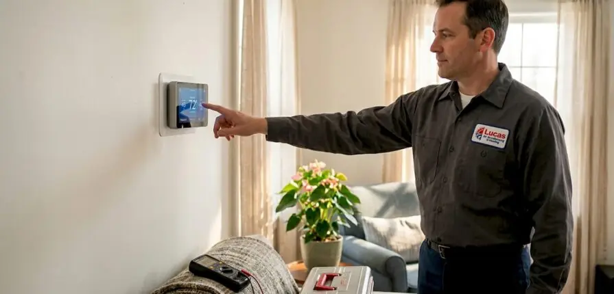 Technician adjusting smart thermostat indoors