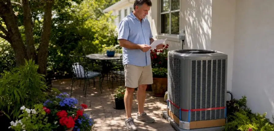 Homeowner reviewing new AC installation outdoors