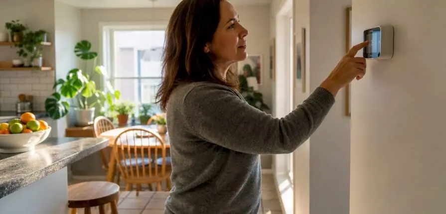 Person adjusting thermostat in apartment living room