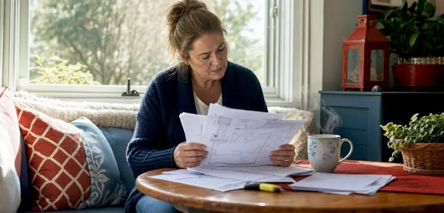 Homeowner reading HVAC manual at kitchen table