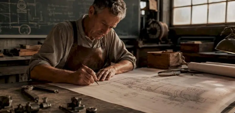 Engineer drawing early air conditioner blueprints