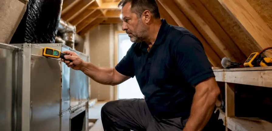 HVAC technician inspecting air conditioning unit indoors