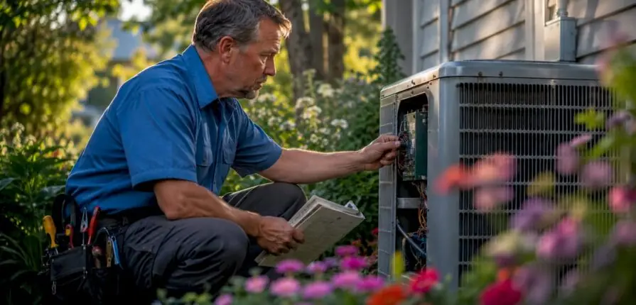 HVAC technician inspecting SEER 14 air conditioner