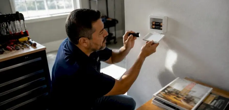 Man inspecting home thermostat batteries
