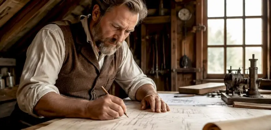 Engineer studying early air conditioning blueprint
