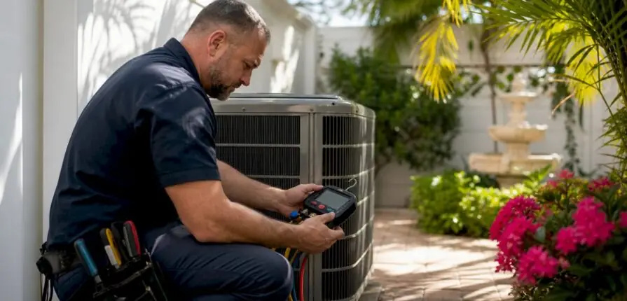 Technician repairing outdoor AC unit
