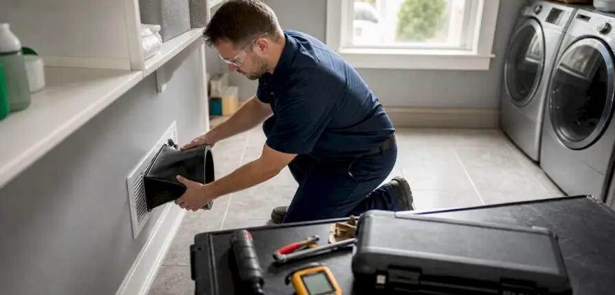Technician measuring air volume at home HVAC vent