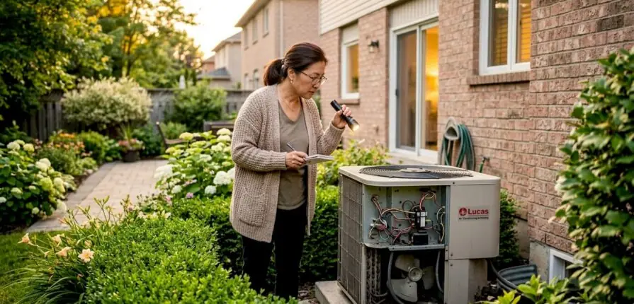 Homeowner inspecting outdoor AC unit