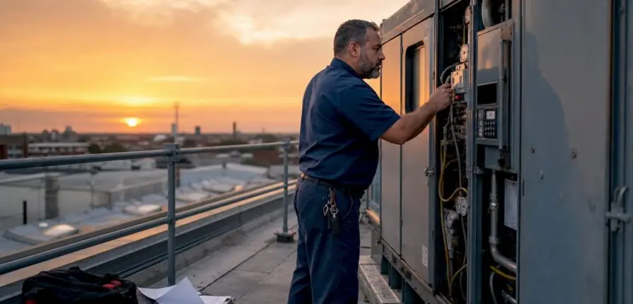 Technician inspecting commercial HVAC unit on rooftop