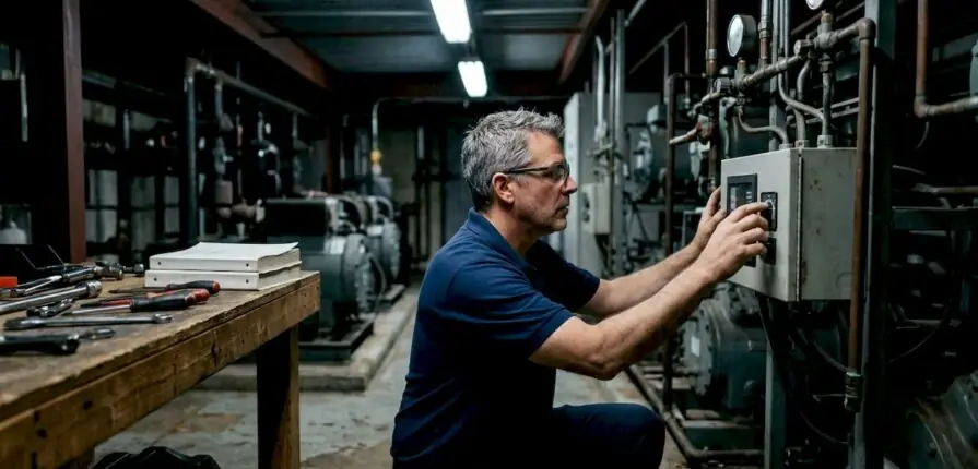 Facility manager inspecting refrigeration compressor rack