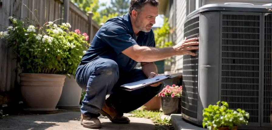Technician inspecting residential AC unit outdoors