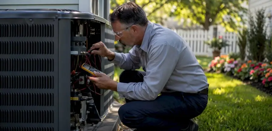 HVAC technician inspecting heat pump outdoors