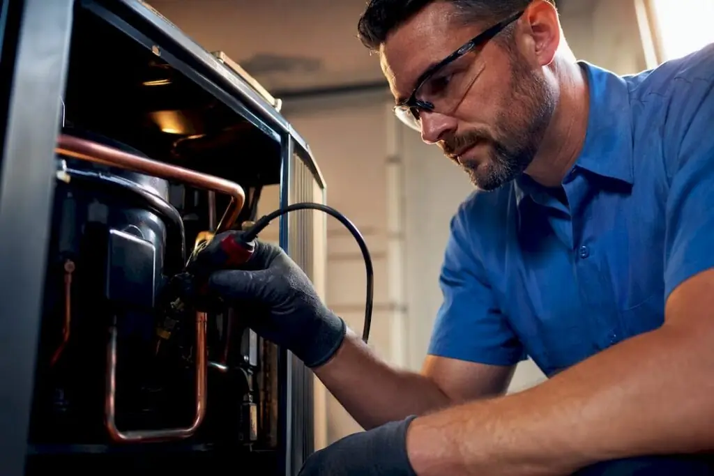 Technician inspecting an AC compressor