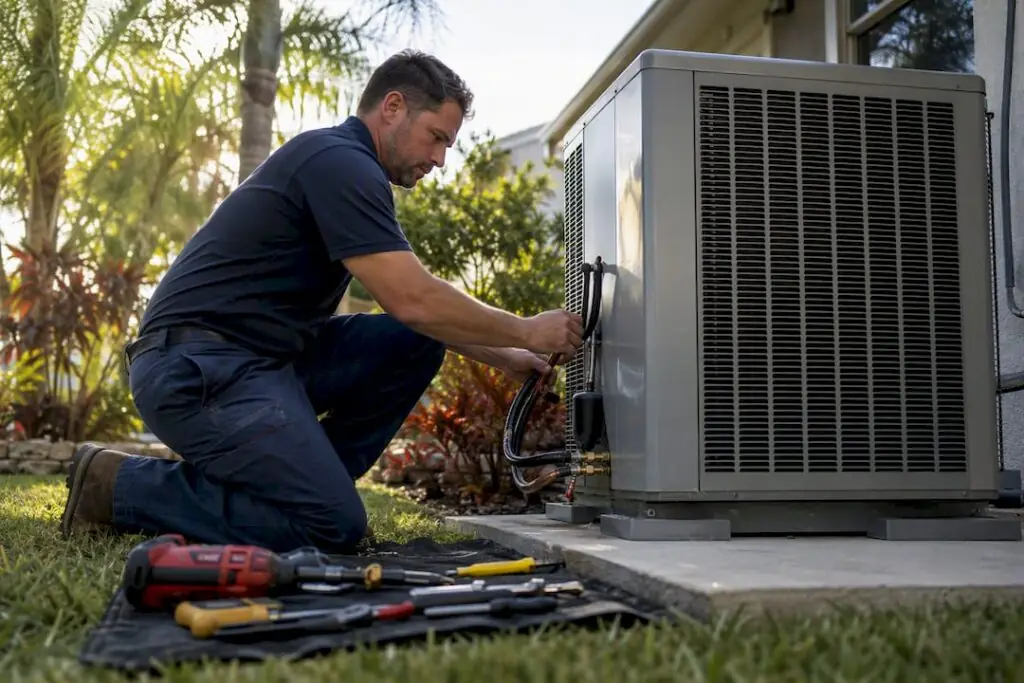 HVAC technician installing outdoor AC unit