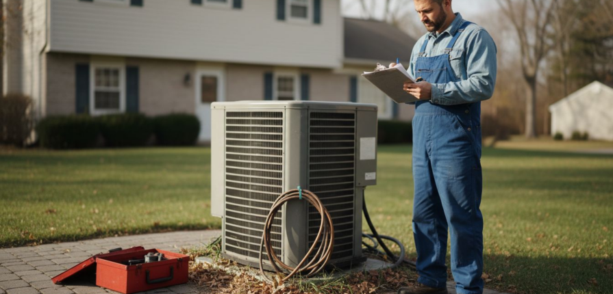 Technician inspecting HVAC unit outdoors
