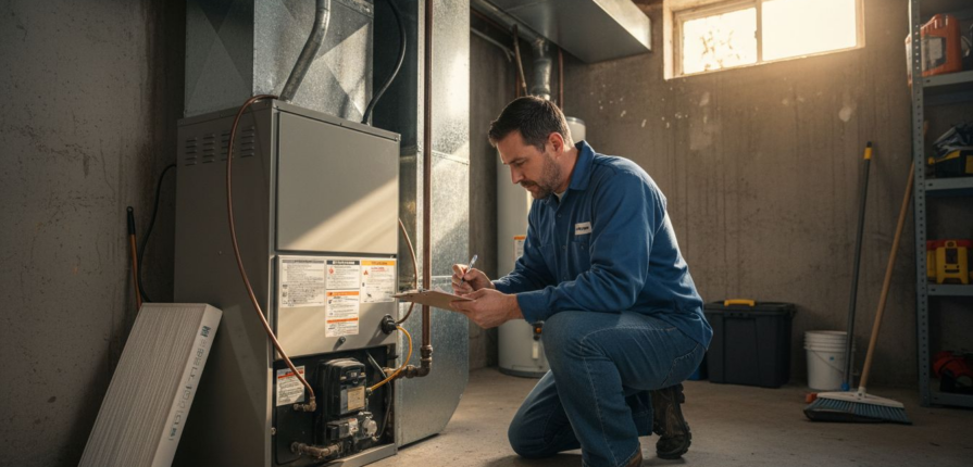 HVAC technician conducting home checklist inspection