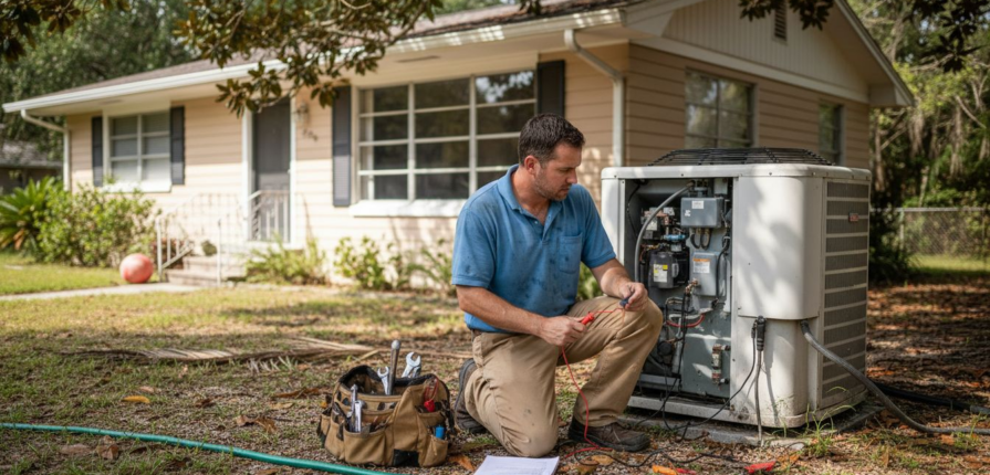 Technician servicing home HVAC system outdoors