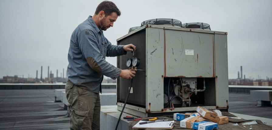 Technician performing industrial HVAC maintenance