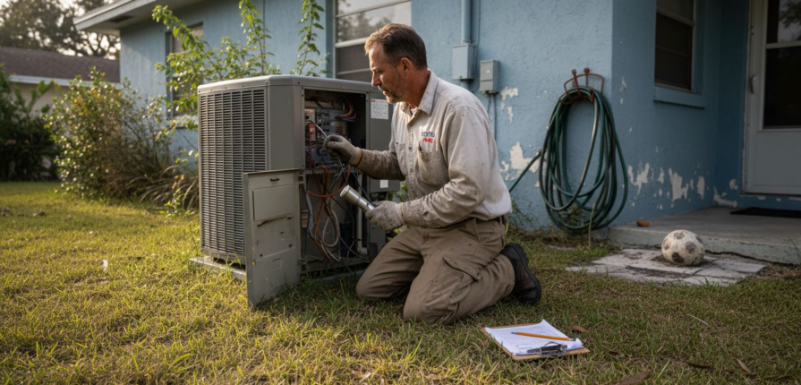 Technician servicing outdoor AC at Eustis home