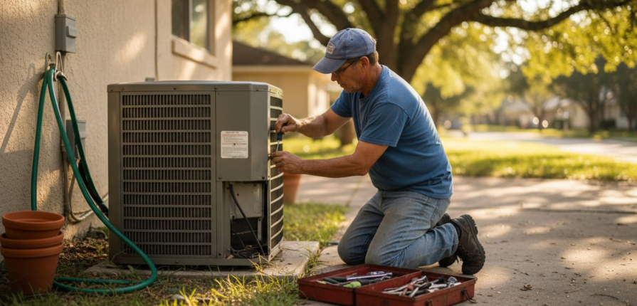 Homeowner performing HVAC maintenance outside
